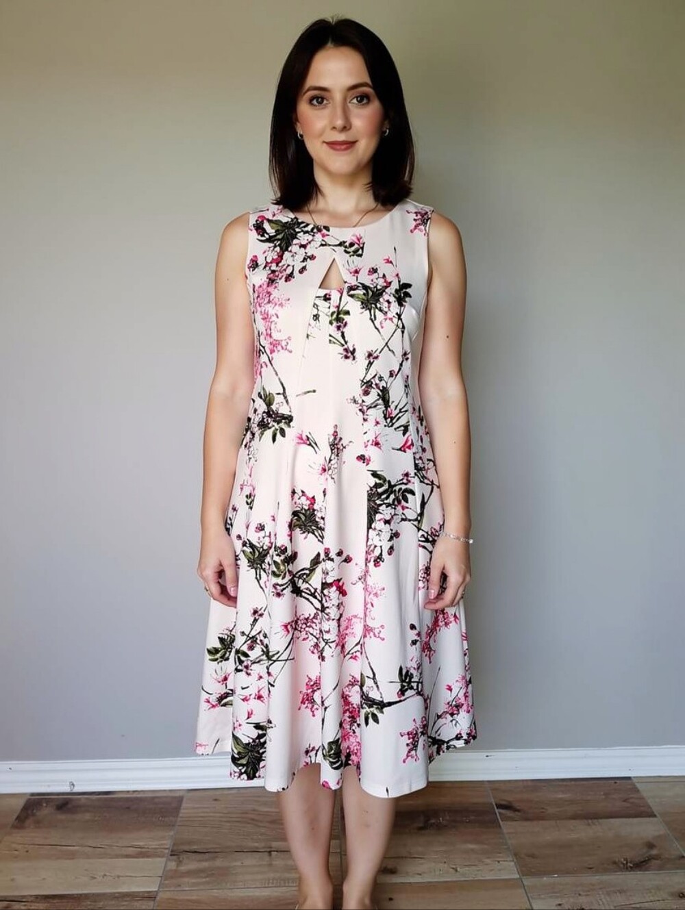 Julian Taylor NY Cream Pink Cherry Blossom Keyhole Fit & Flare Dress Size 6